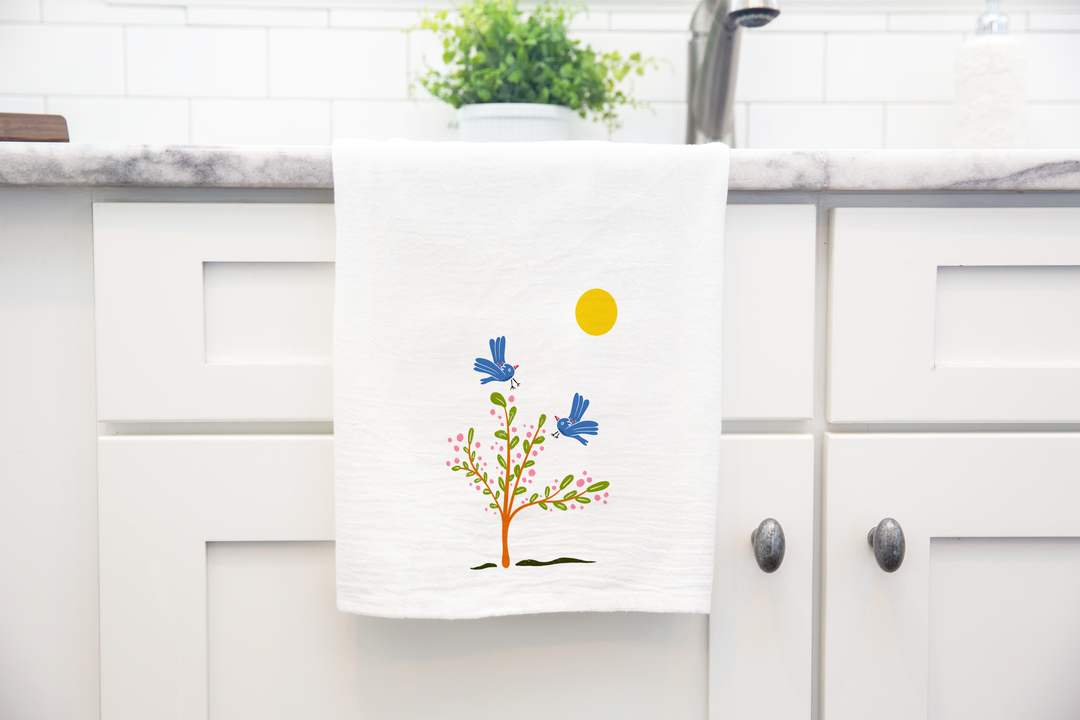 100% Organic Cotton "Breezy Spirit" Kitchen Tea Towels w. Hand-drawn Adorable Blue Pouf Bird, Tulips & Trees (Grow & Bloom)