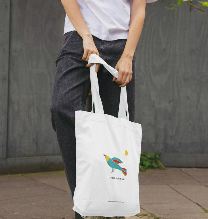 "Let Your Spirit Soar" Tote Bag with Colorful Folk Art Bird & Sun