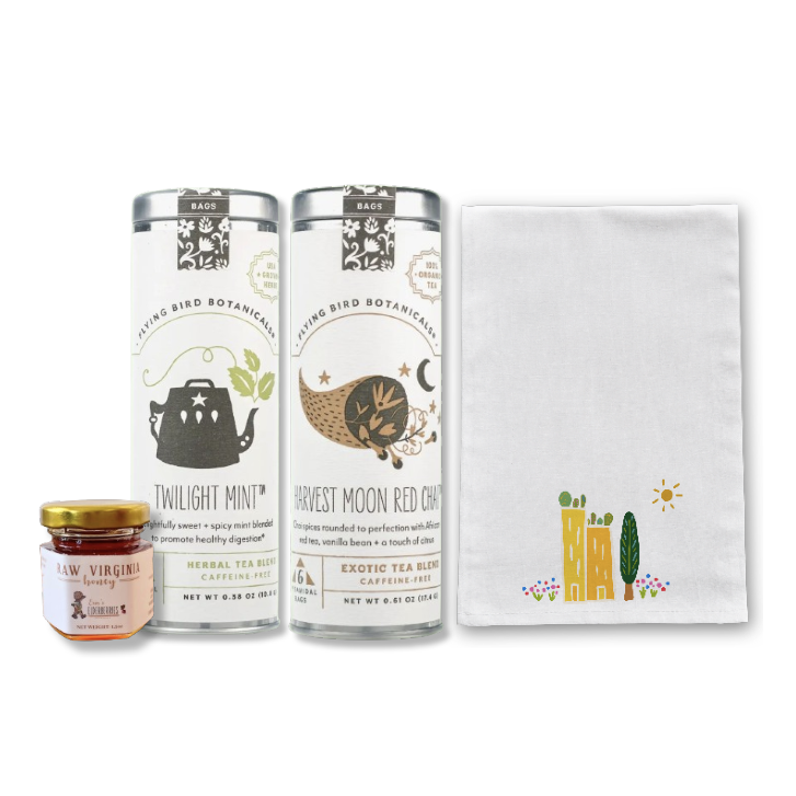 "Get Spicy" Organic Tea Gift Set w. Honey & Tea Towel (Refreshing Brew)