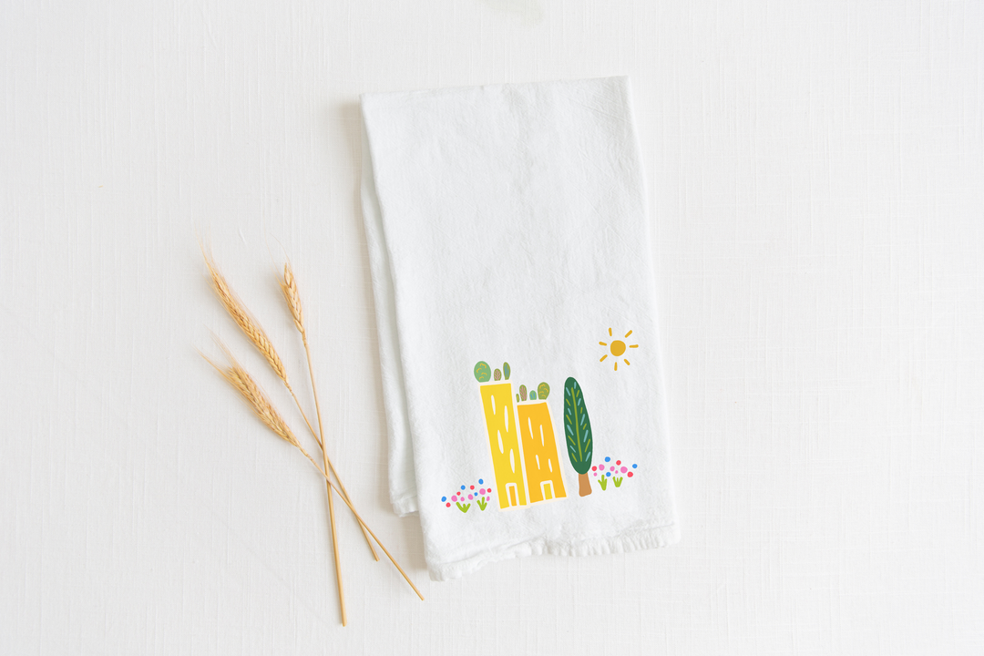 100% Organic Cotton "Green Cities" Kitchen Tea Towel w. Hand-drawn Adorable Art (Tea Time/Grow & Bloom)