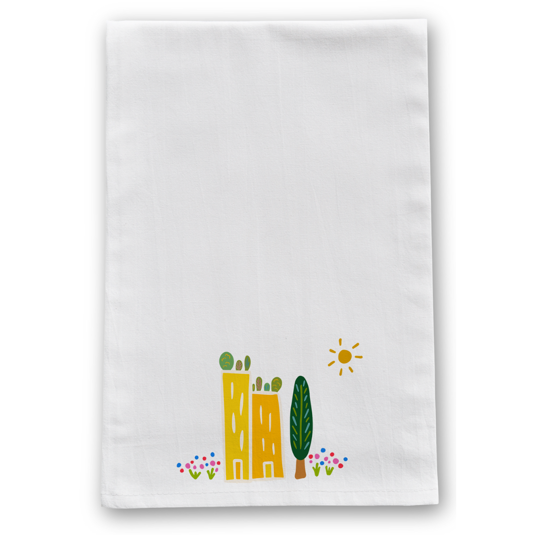 100% Organic Cotton "Grow & Bloom" Kitchen Tea Towels w. Hand-drawn Adorable Art (Assorted)