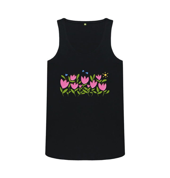 Black Breezy Tulips w Butterflies Scoop Tank T-Shirt (Adult)