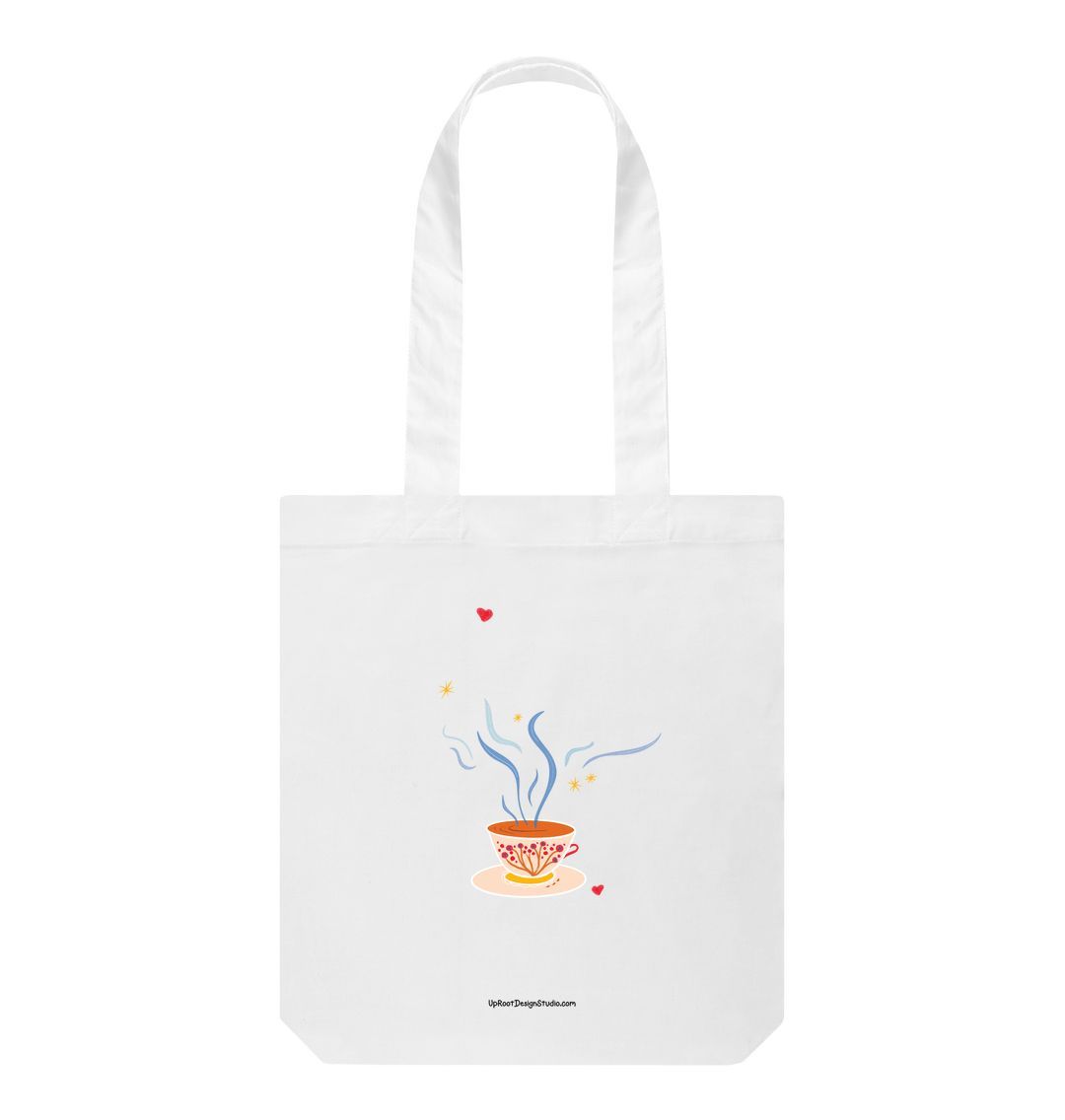 White Teacup 100% Organic Cotton Grocery Tote Bag Floral Cup & Saucer, Steam, Hearts & Stars