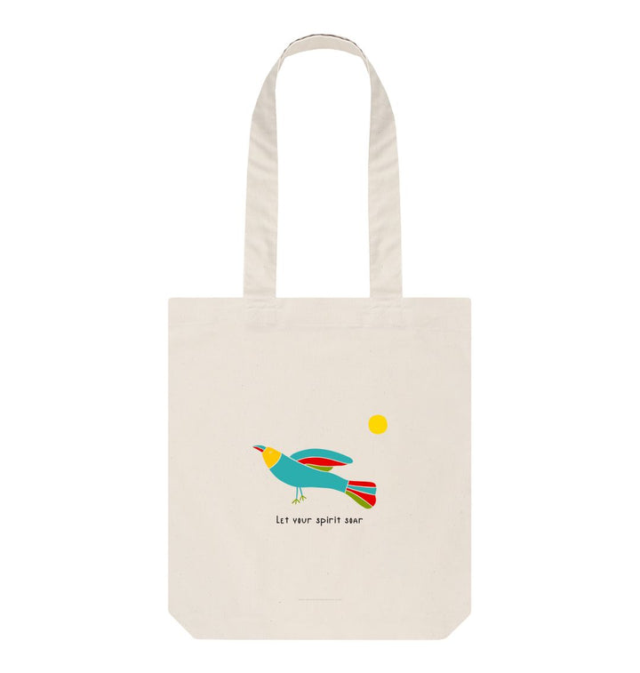 Natural \"Let Your Spirit Soar\" Tote Bag with Colorful Folk Art Bird & Sun