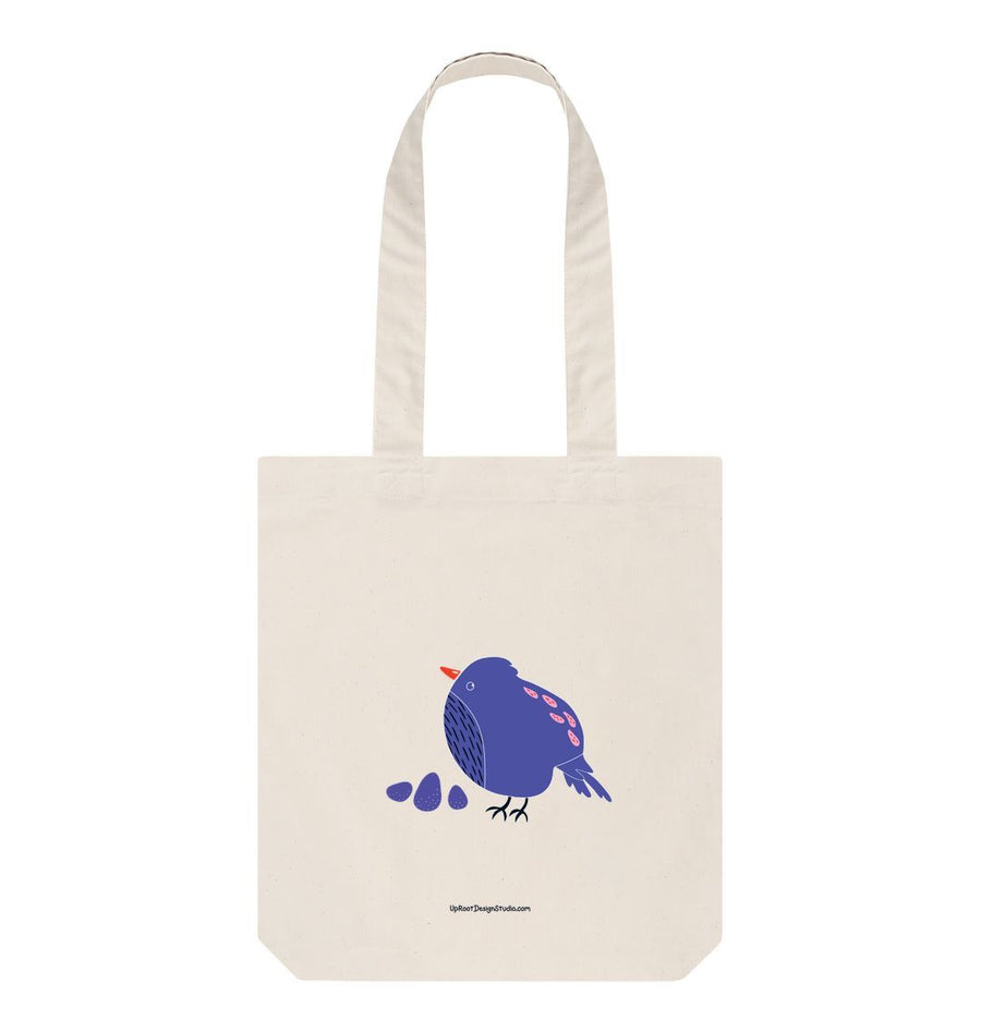 Natural Blue Pouf Bird 100% Organic Cotton Grocery Tote Bag w. Adorable Detailed Hand-Drawn Bird & Eggs