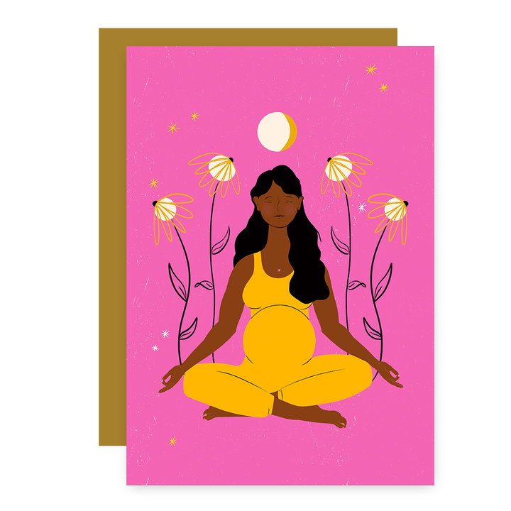 "Meditating Mama" Eco Recycled Greeting Card w. Hand-Drawn Art of Pregnant Person in Meditation Yoga Pose + Recycled Envelope, Blank inside