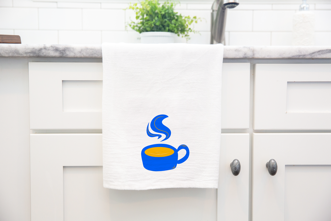100% Organic Cotton "Warm Mug" Kitchen Tea Towels w. Hand-drawn Adorable Art - Assorted (Tea Time/Warm Wishes)
