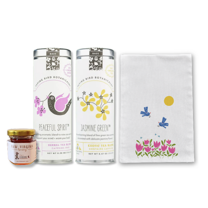 "Peaceful Days" Organic Tea Gift Set w. Honey & Tea Towel (Refreshing Brew)