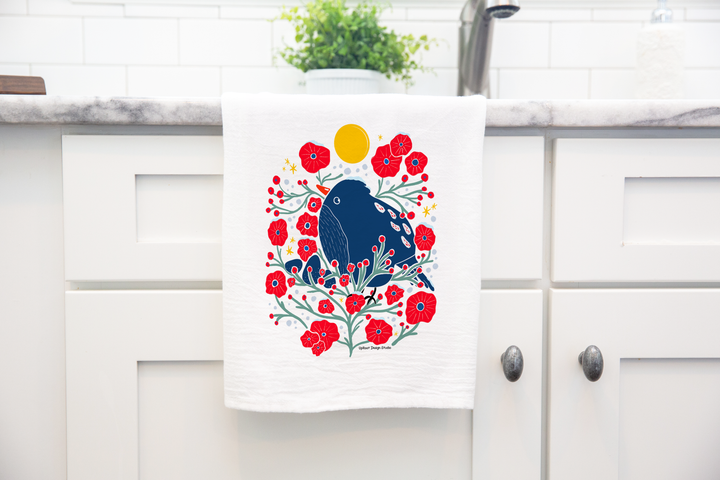 100% Organic Cotton "Bird in the Bush" Kitchen Tea Towel w. Hand-drawn Adorable Blue Bird & Red Flowers (Tea Time/Winter Dreaming)