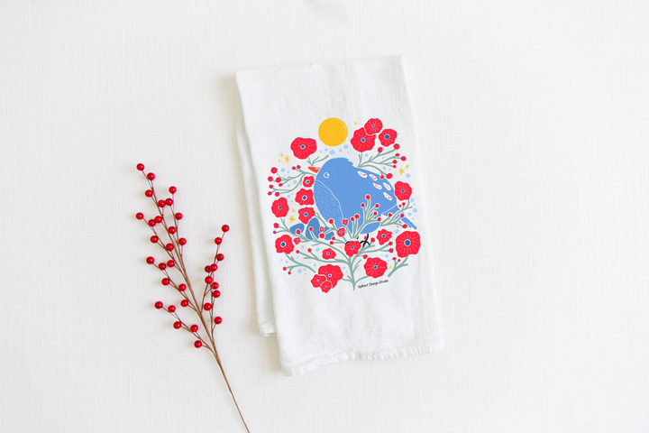 100% Organic Cotton "Bird in the Bush" Kitchen Tea Towel w. Hand-drawn Adorable Blue Bird & Red Flowers (Tea Time/Winter Dreaming)