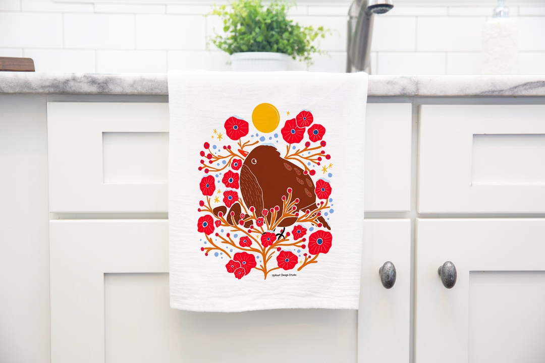 100% Organic Cotton "Holiday Bird in the Bush" Kitchen Tea Towel w. Hand-drawn Adorable Bird & Red Flowers (Tea Time/Winter Dreaming)
