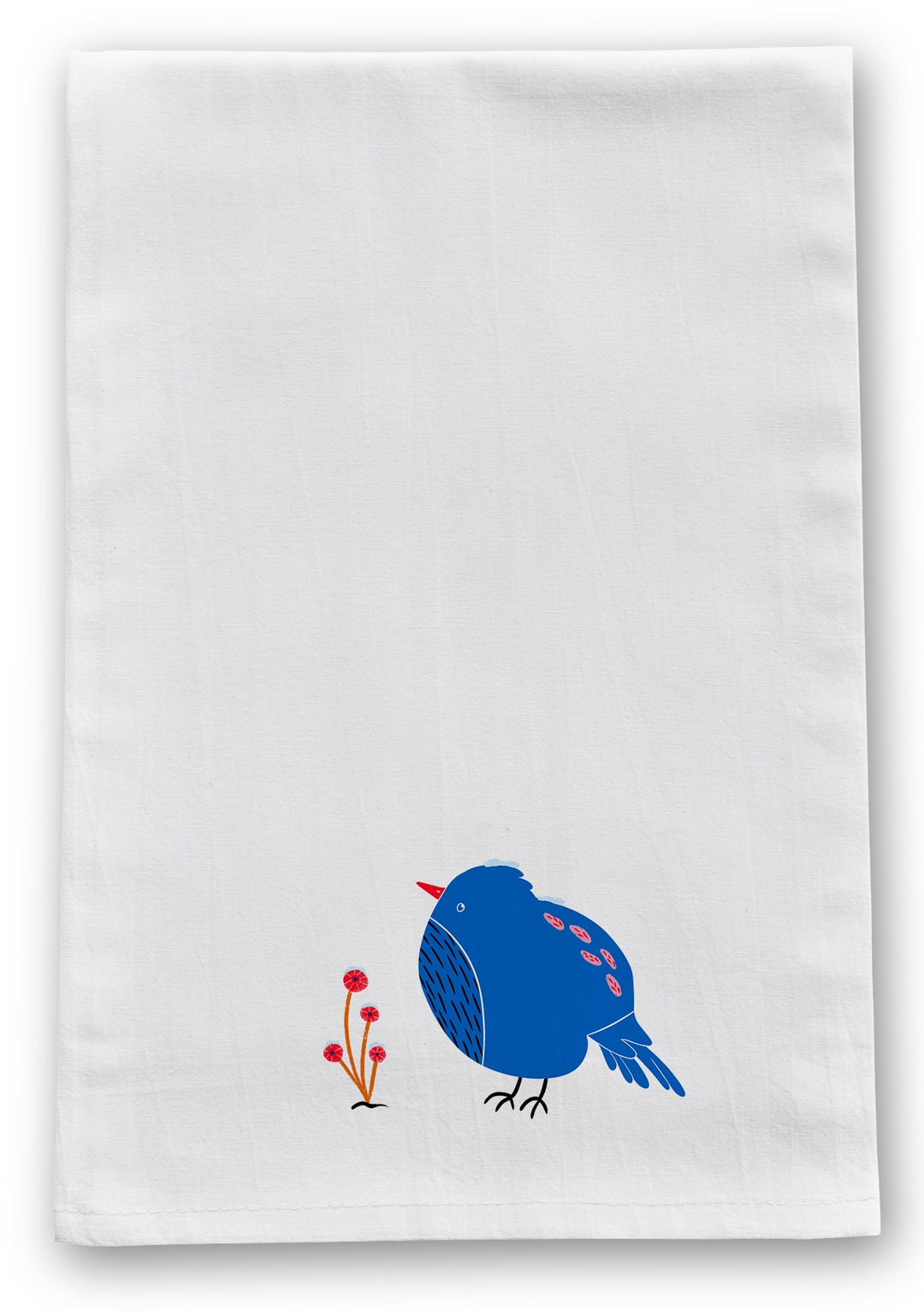 100% Organic Cotton "Blue Pouf Bird" Kitchen Tea Towel w. Hand-drawn Art (Tea Time/Winter Dreaming)