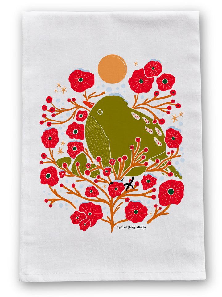 100% Organic Cotton "Holiday Bird in the Bush" Kitchen Tea Towel w. Hand-drawn Adorable Bird & Red Flowers (Tea Time/Winter Dreaming)