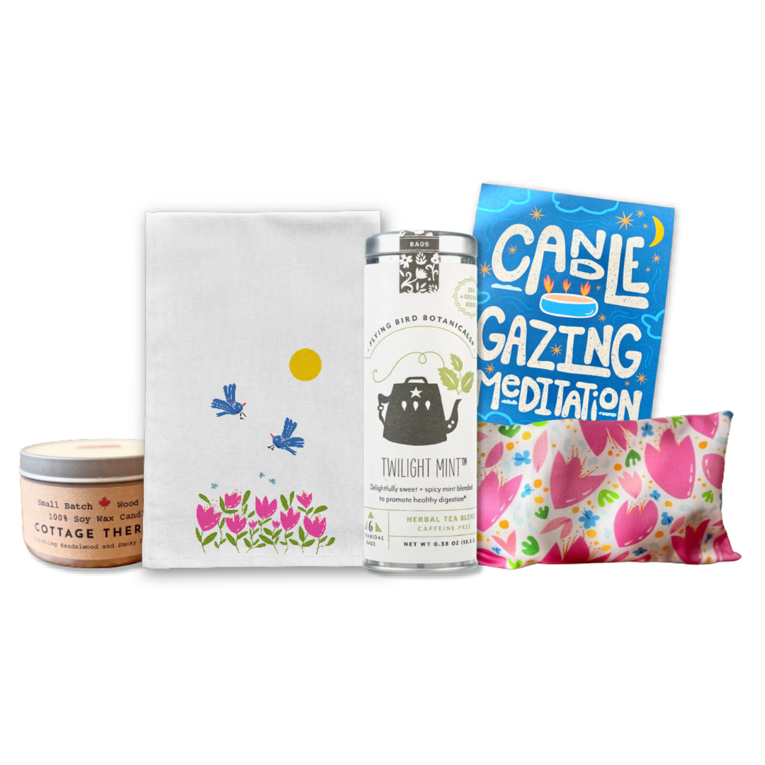 Organic "Refresh" Gift Box w. Mint Tea, Tulips Tea Towel, Lavender Eye Pillow w. Breezy Tulips Pattern, "Cottage Therapy" Candle (Sandalwood + Blackberry), Candle Meditation Card & Mindfulness Journal