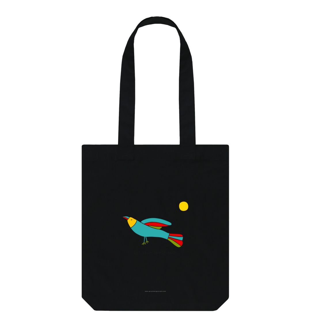 Black \"Let Your Spirit Soar\" Tote Bag with Colorful Folk Art Bird & Sun