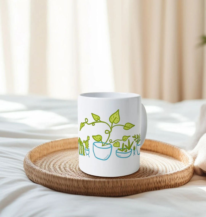 Whimsical Plants in Teal Pots Eco-Friendly Mug (White 11oz)