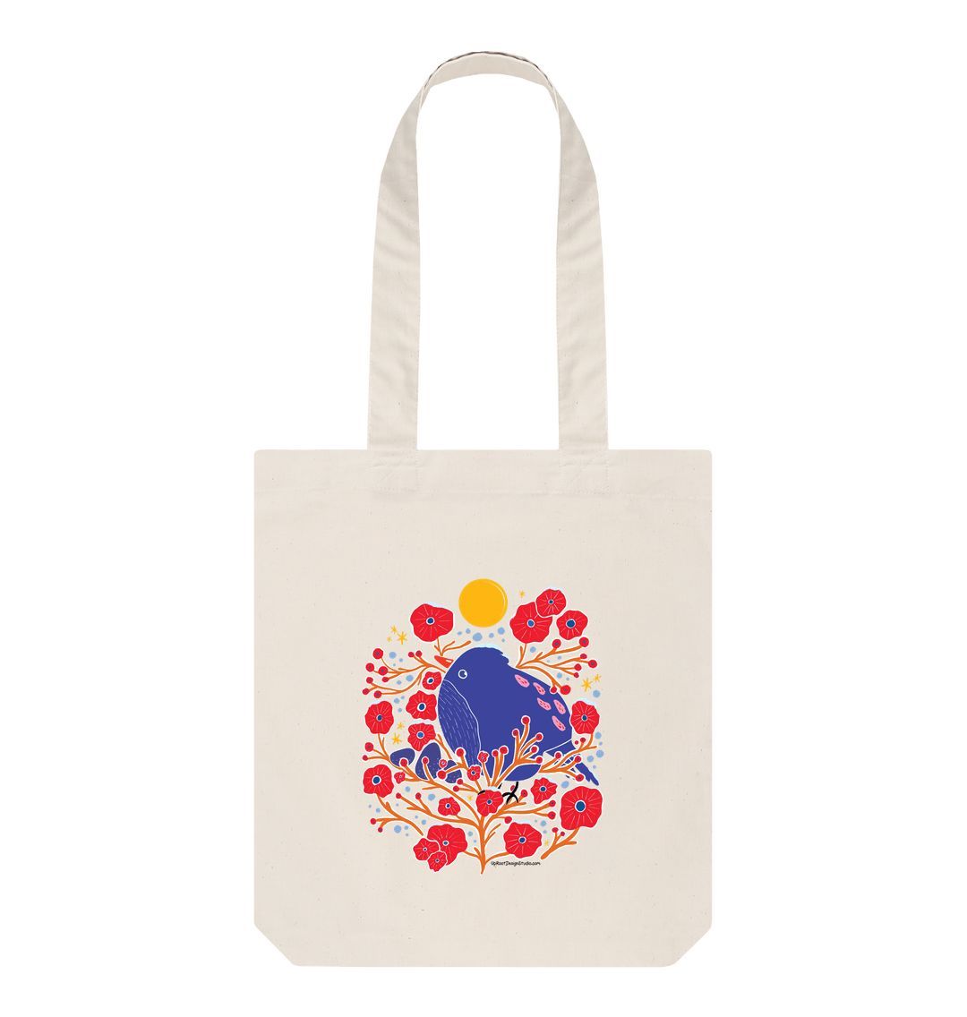 Natural Bird in the Bush 100% Organic Cotton Grocery Tote Bag w. Adorable Blue Bird, Brown Branches, Red Flowers, Berries, Sun & Stars