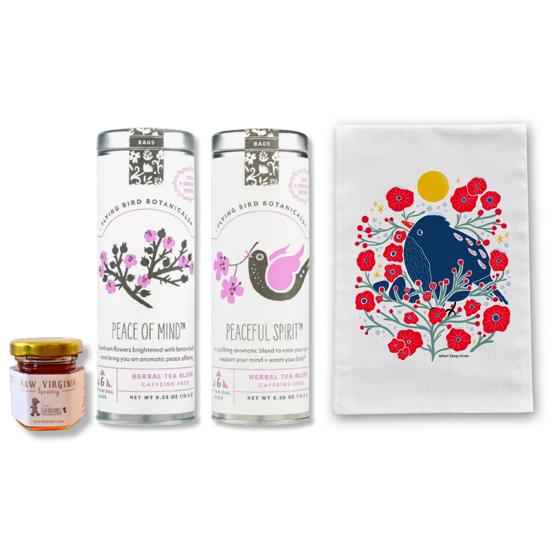 "Serene Spirit" Organic Tea Gift Set w. Honey & Tea Towel (Restful Brew)