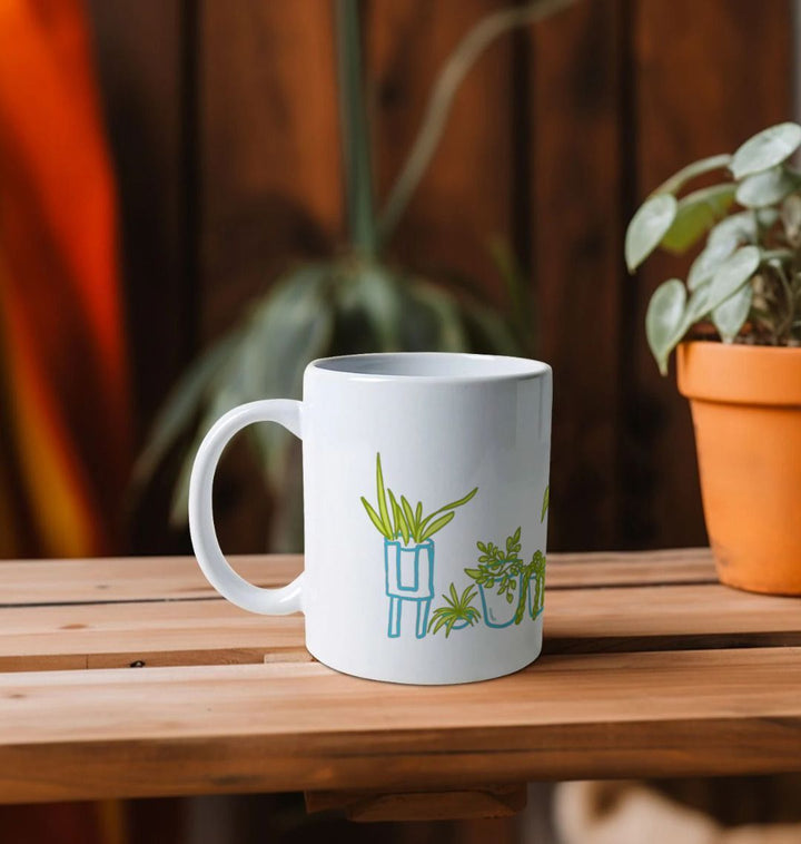 Whimsical Plants in Teal Pots Eco-Friendly Mug (White 11oz)