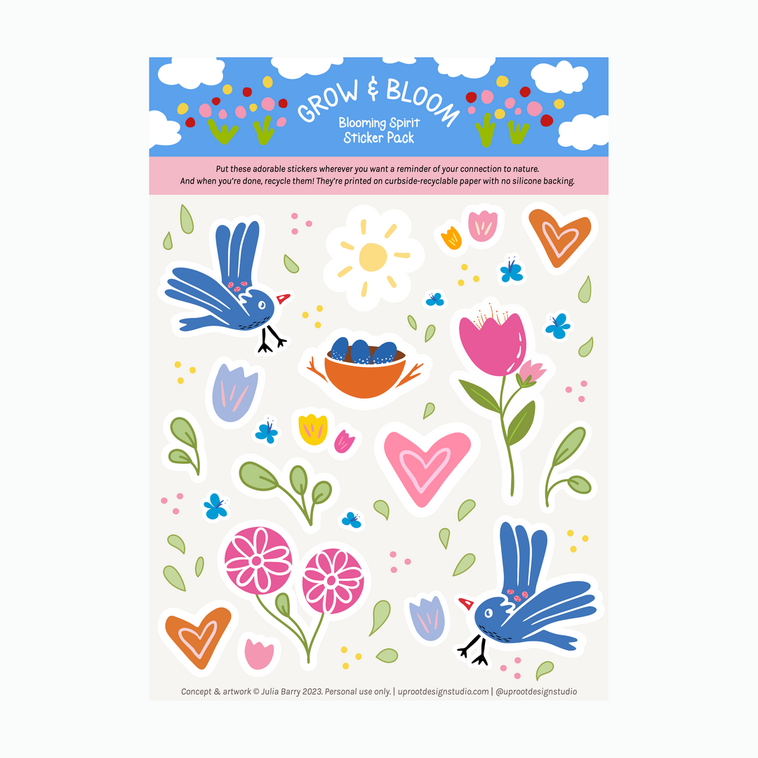 Adorable "Blooming Spirit" Sticker Sheet of Eco Stickers w. flowers, birds, nest with eggs, sun, hearts & green leaves (Grow & Bloom)