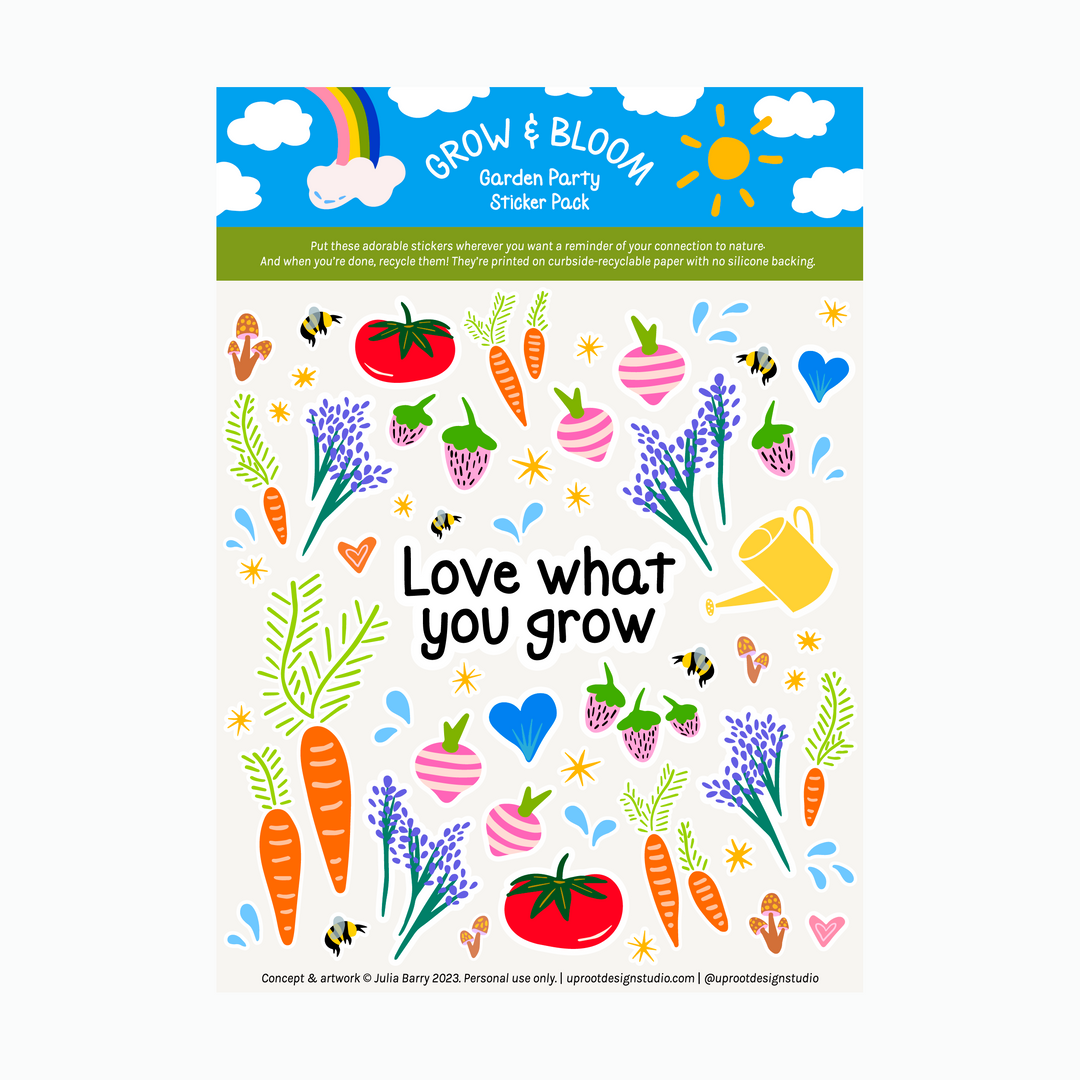 "Love What You Grow" Garden Party Sticker Sheet of Cute Eco Stickers w. vegetables, fruit, flowers, bees & water drops (Grow & Bloom)