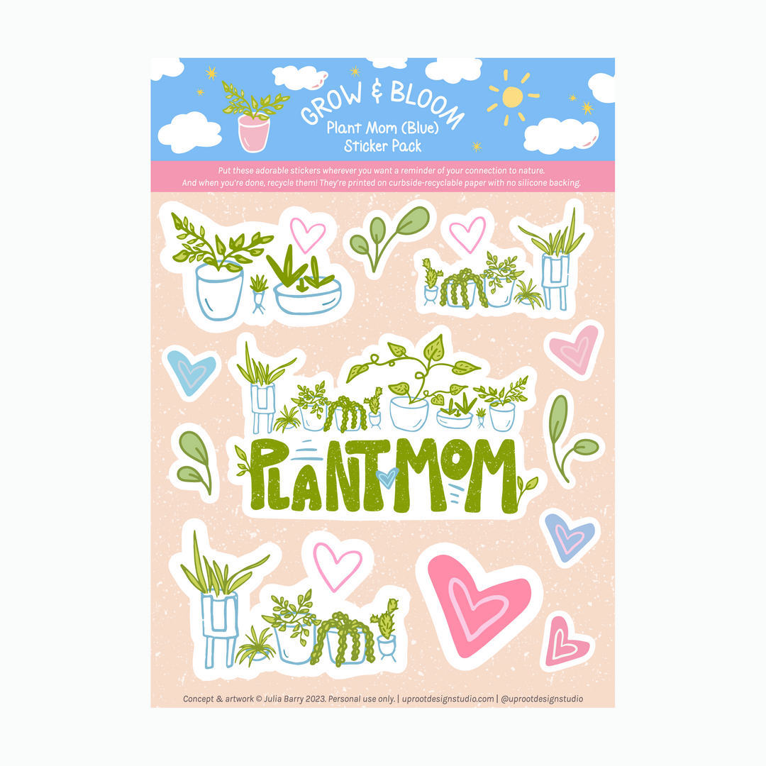 Adorable "Plant Mom" Sticker Sheet of Eco Stickers w. Hand-Lettering, Hearts & Houseplants in Pots (Grow & Bloom / Plant Parenthood)
