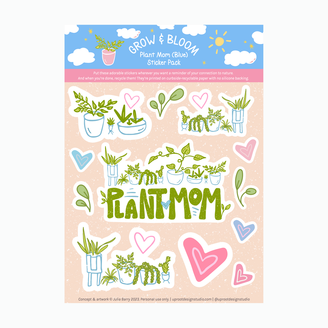 stickers for plant pots Adorable Plant Mom Sticker Sheet of Eco Stickers w. Hand-Lettering, Hearts & Houseplants in Pots (Grow & Bloom / Plant Parenthood)