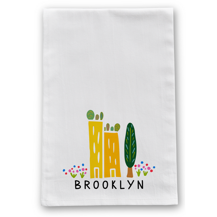 100% Organic Cotton "Green Cities - Brooklyn" Kitchen Tea Towel w. Hand-drawn Adorable Art (Tea Time/Grow & Bloom)