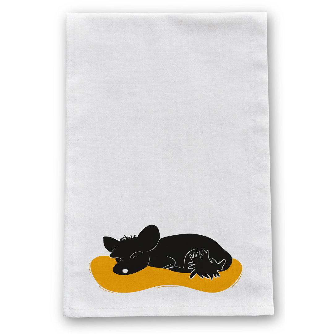 100% Organic Cotton "Nap Time" Sleeping Dogs Kitchen Tea Towels w. Hand-drawn Adorable Art - Assorted (Tea Time/Warm Wishes)