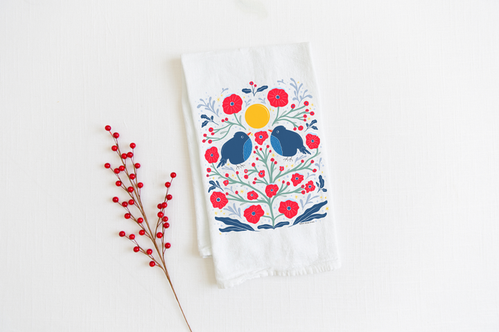 100% Organic Cotton "Two Birds in the Bush" Kitchen Tea Towel w. Hand-drawn Adorable Blue Birds & Red Flowers (Tea Time/Winter Dreaming)