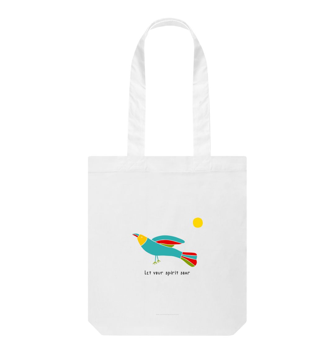 White \"Let Your Spirit Soar\" Tote Bag with Colorful Folk Art Bird & Sun