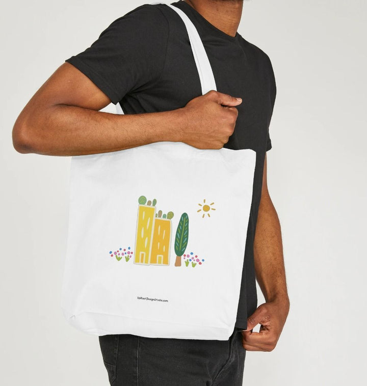 "Green Cities" 100% Organic Cotton Grocery Tote Bag w. Colorful Apartment Buildings, Rooftop Garden, Sun, Tree & Flowers