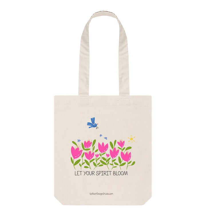 Natural \"Let Your Spirit Bloom\" 100% Organic Cotton Grocery Tote Bag w. Tulip Flower Garden, Blue Bird & Sun