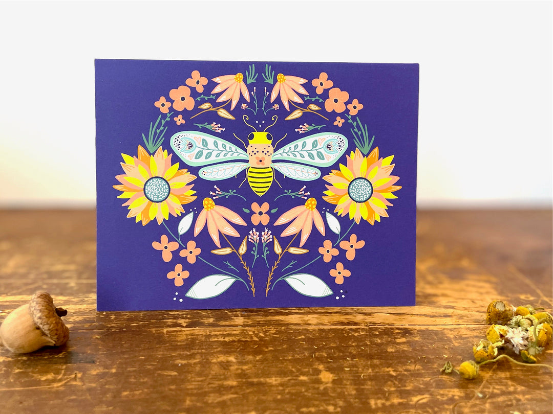 Folk Art Bee with Wildflowers (on Royal Blue) - Recycled Hand-Drawn Eco Greeting Card + Recycled Envelope, Blank inside (Words of Love)