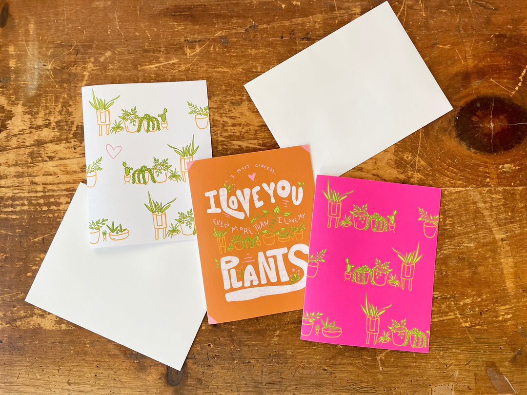 Whimsical Love Plants Eco Recycled Greeting Cards w. Hand-Drawn Art + Recycled Envelopes, Blank inside - Assorted (Plant Parenthood)