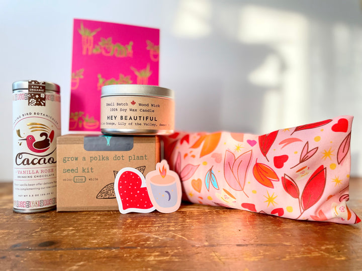 "Cherish" Gift Box: Eye Pillow, Vanilla Hot Chocolate, Soy Candle, Greeting Card, Pink Polka-Dot Plant Kit, Plant Mom Tote, Stickers (Love in Bloom)