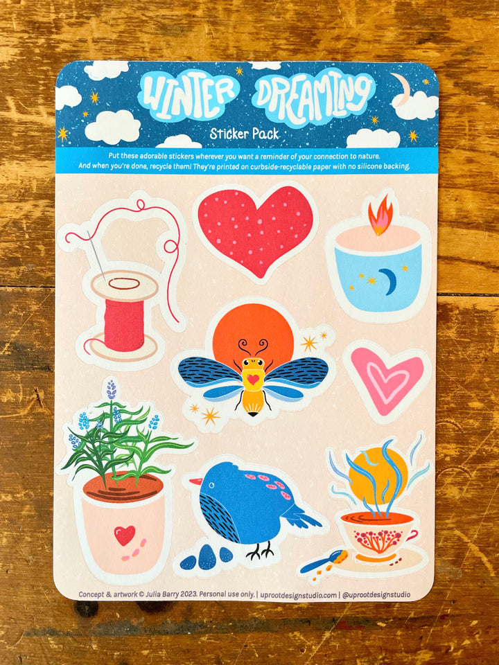 Winter Dreaming Recyclable Sticker Sheet: Bird, Hearts, Tea, Spool, Lavender, Candle, Bee (Winter Dreaming/Love in Bloom)