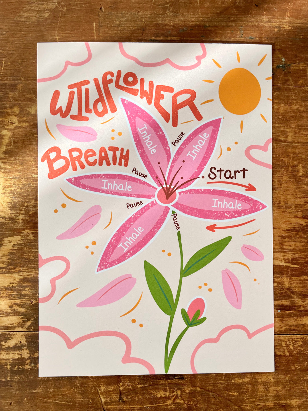 Wildflower Breath Hand-Illustrated Meditation Card w. Instructions 5x7"