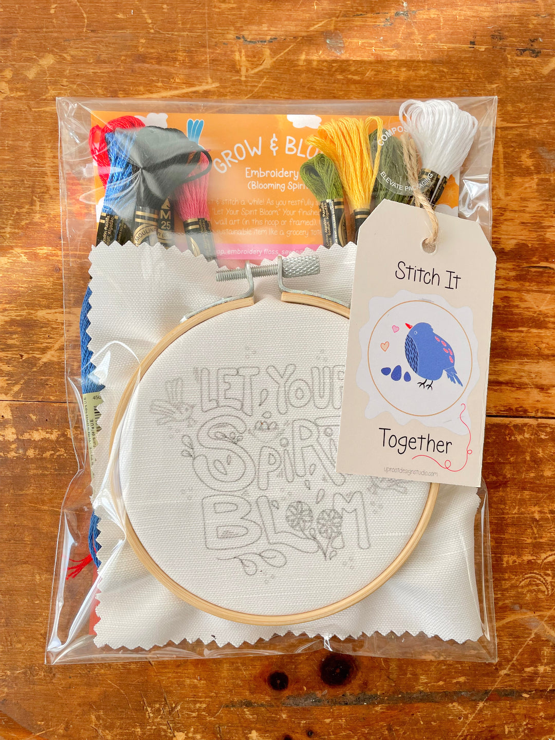 "Let Your Spirit Bloom" Eco-Embroidery Kit w. Birds & Tulips 4" Sampler (Joyful Threads Grow & Bloom)