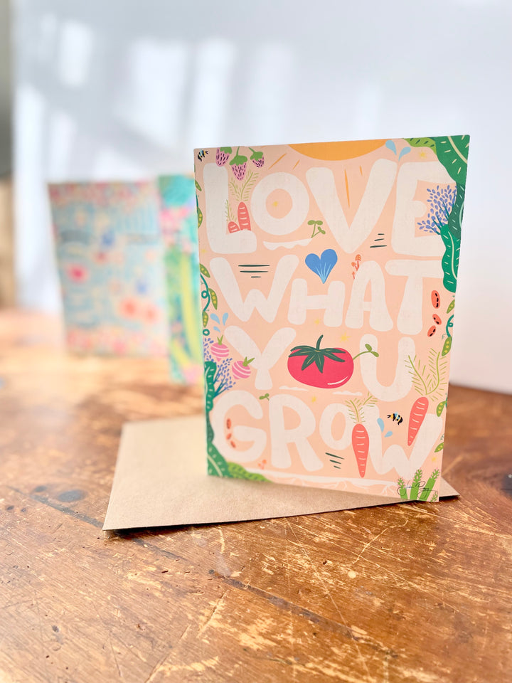"Love What You Grow" Eco Recycled Greeting Card w. Hand-Drawn Art w. Vegetables, Fruit, Bees & Sun + Recycled Envelope, Blank inside (Grow & Bloom)