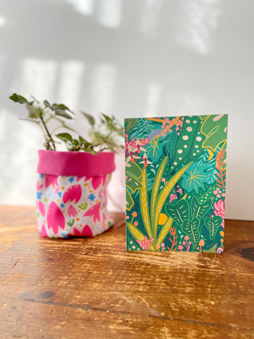"Into the Jungle" Eco Recycled Greeting Card w. Hand-Drawn Art + Recycled Envelope, Blank inside (Grow & Bloom)