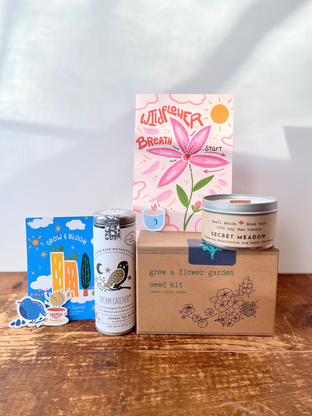 "Blooming Bright" Growing Gift Box: Flower Garden Kit, Soy Candle (Honeysuckle + Patchouli), Tulip Tote Bag, Wildflower Meditation Card, "Dream Catcher" Floral Tea, Pocket Journal
