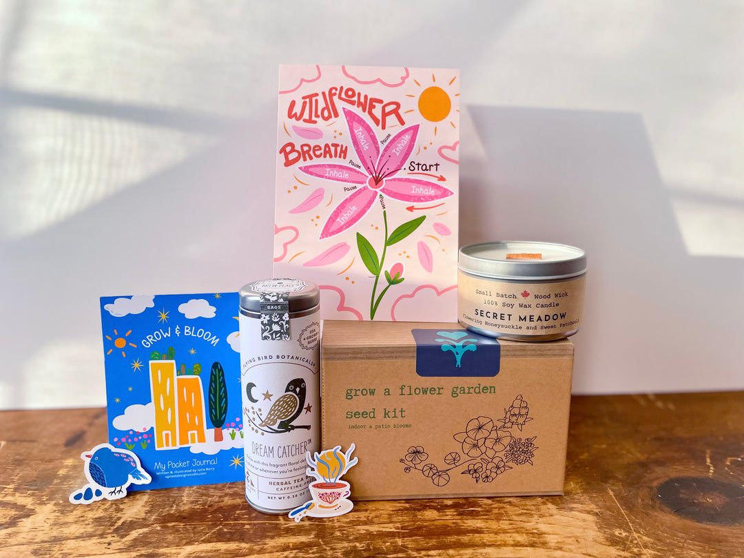 "Blooming Bright" Growing Gift Box: Flower Garden Kit, Soy Candle (Honeysuckle + Patchouli), Tulip Tote Bag, Wildflower Meditation Card, "Dream Catcher" Floral Tea, Pocket Journal
