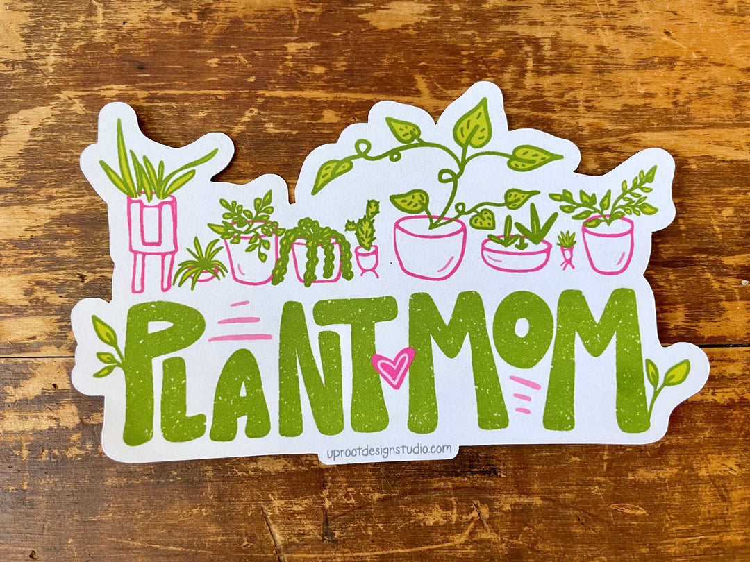 "Plant Mom" Sticker Pouch with Two Whimsical Houseplant Stickers + "Plant Mom" Hand-Lettered Decal Large Sticker