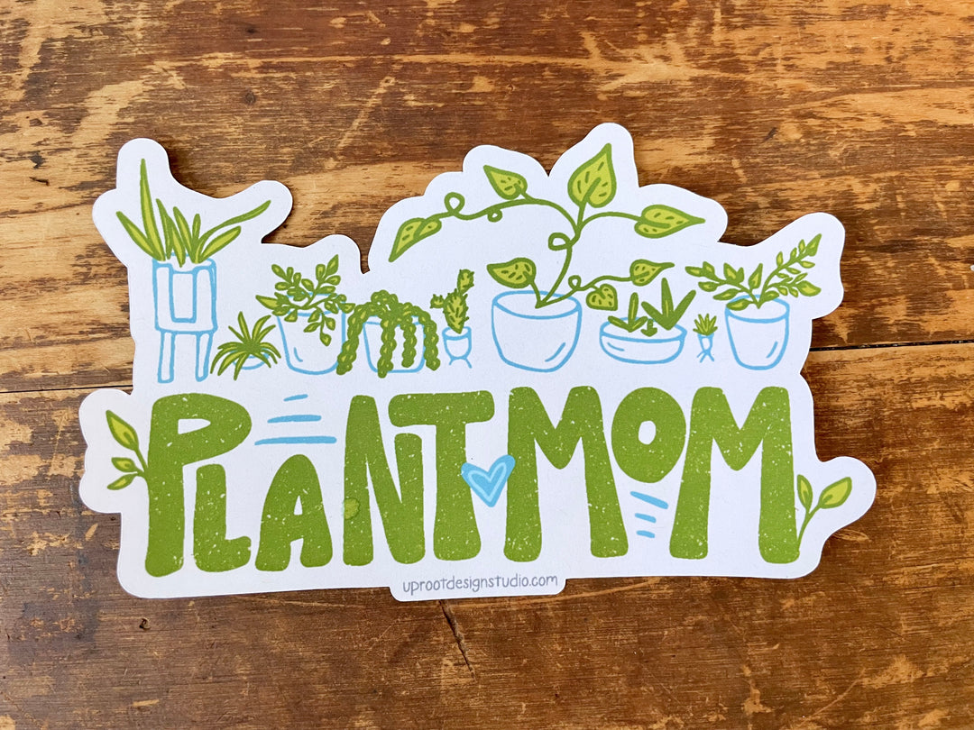 "Plant Mom" Sticker Pouch with Two Whimsical Houseplant Stickers + "Plant Mom" Hand-Lettered Decal Large Sticker