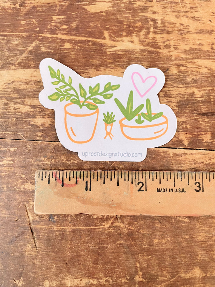 Adorable Individual Medium Size Recyclable Eco Sticker with Row of 3 Houseplants in Pots (Grow & Bloom / Plant Parenthood)