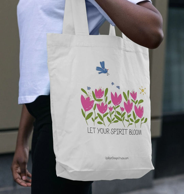 "Let Your Spirit Bloom" 100% Organic Cotton Grocery Tote Bag w. Breezy Tulip Flowers, Blue Bird & Sun