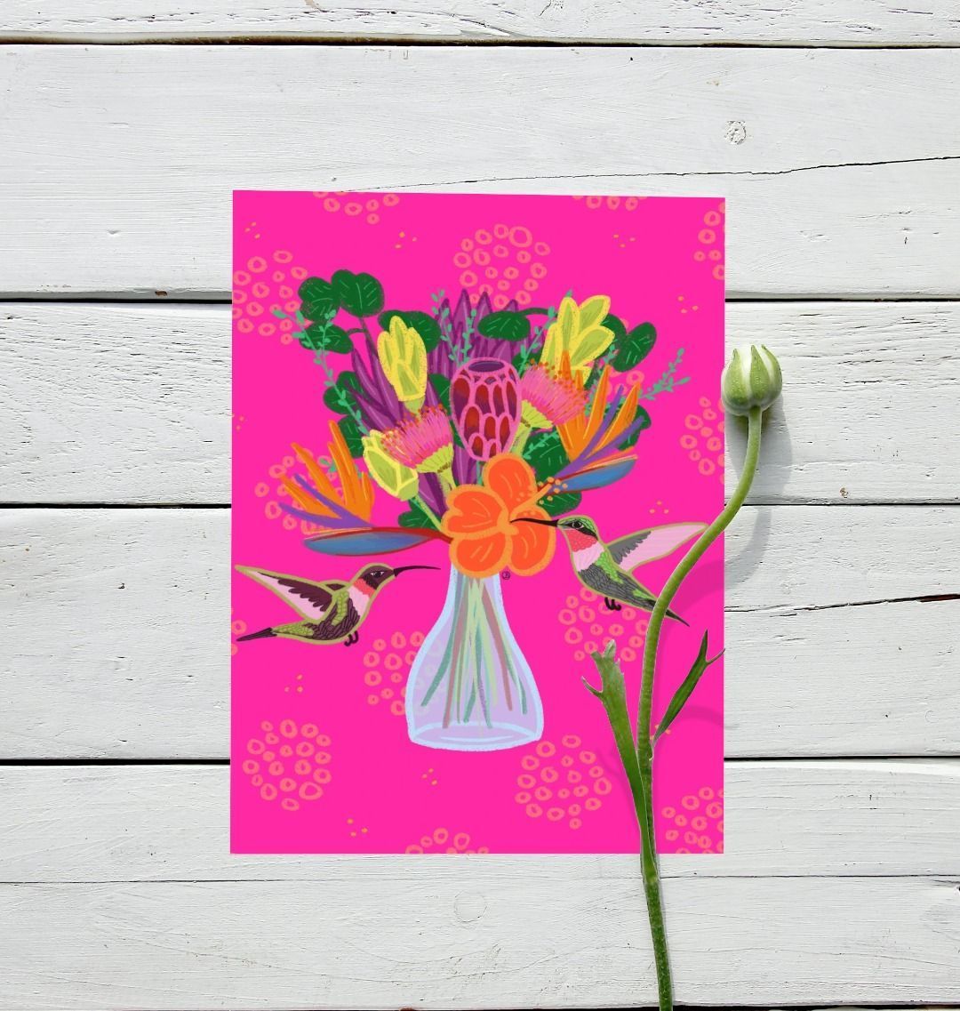 Tropical Blooms in Vase with Hummingbirds Print (small)
