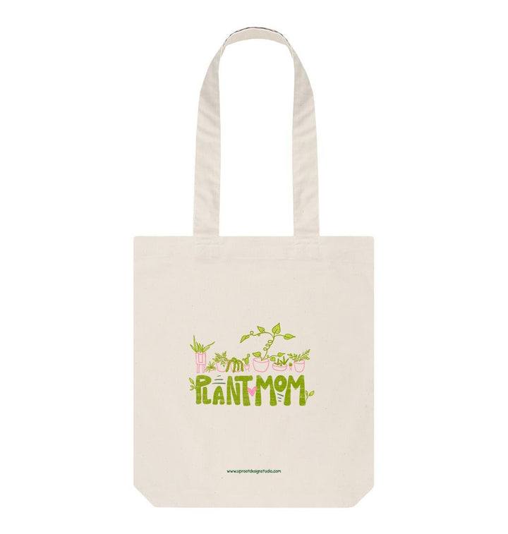 Natural \"Plant Mom\" Hand-Lettered Sustainable Tote with Hand-Drawn Whimsical Houseplants (100% Organic Cotton)
