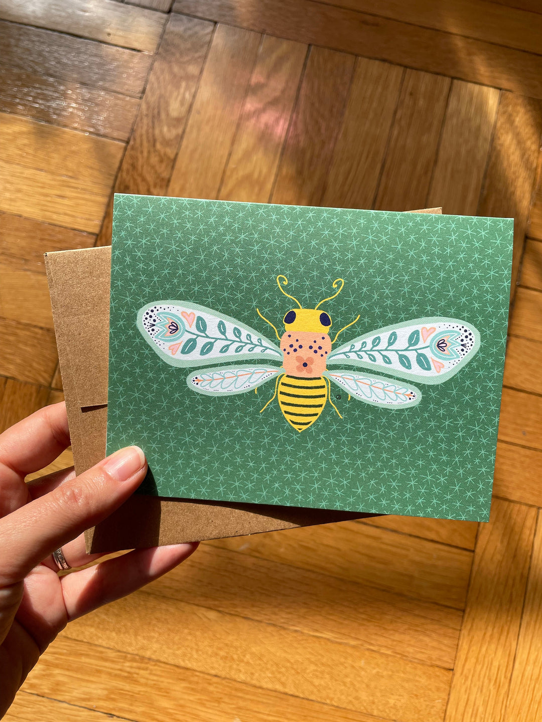 Folk Art Bee with Green Stars - Recycled Hand-Drawn Eco Greeting Card + Recycled Envelope, Blank inside (Words of Love)